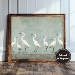 Vintage Heron Wall Art, Modern Farmhouse Home Decor, Moody Bird Poster, Coastal Bird Print, Rustic Nature Painting, Printed and Shipped