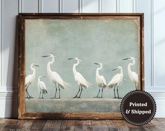 Arte de pared vintage de garza, decoración moderna de estilo rústico, póster de pájaro melancólico, impresión de pájaro costero, pintura rústica de naturaleza, impreso y enviado.