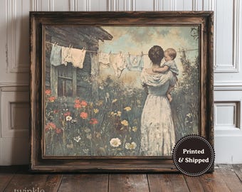 Mother and Baby Print, Moody Cottagecore Painting, Rustic Farmhouse Decor, Laundry Room Art, Vintage Clothesline Poster, Printed and Shipped