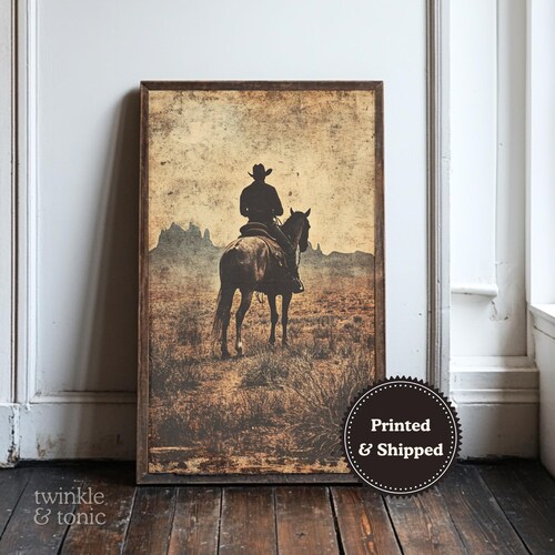 oeuvre d'art murale cowboy vintage, impression ranch western, peinture antique du désert, décoration champêtre en sourdine, affiche du sud-ouest de l'ouest, imprimé et expédié