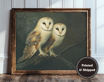 Vintage Owl Couple Wall Art, Dark Academia Home Decor, Moody Nature Poster, Neutral Gothic Bird Print, Wildlife Painting Printed and Shipped