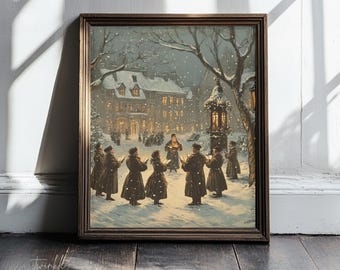 May include: Framed vintage print depicting a snowy winter scene with carolers singing in front of a building. The artwork features a group of people in dark coats and hats, holding songbooks, with a building in the background.