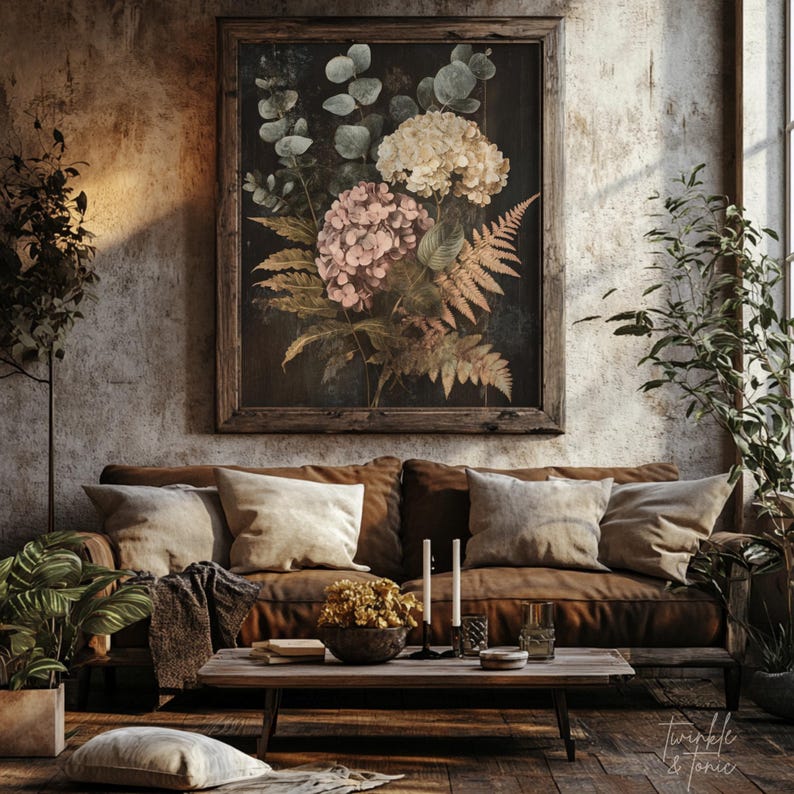 Vintage Hydrangeas Wall Art, Flower Dark Academia Home Decor, Moody ...