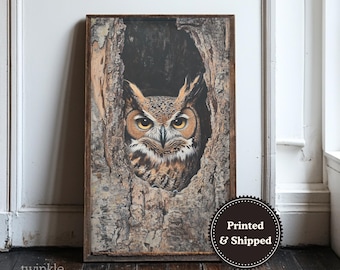 Decorazione murale vintage con gufo, arredamento per la casa Dark Academia, poster Moody Nature, stampa di uccelli gotici neutri, dipinto di animali selvatici, stampato e spedito