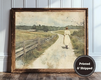 Vintage Country Road Print, Antique Farmhouse Decor, Moody Cottagecore Poster, Old Countryside Art, Landscape Painting, Printed and Shipped