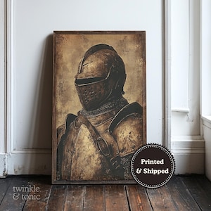 Medieval Knight Art, Vintage Renaissance Decor, Dark Moody Poster, Fantasy Wall Print, Antique Aesthetic Painting, Printed and Shipped