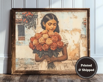 May include: A framed print featuring a young person holding a large bouquet of orange and yellow roses. The artwork has a vintage aesthetic, with a textured background and a wooden frame. The print is labeled "Printed & Shipped".
