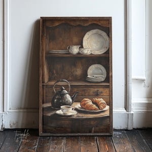 French Breakfast Kitchen Poster, Farmhouse Decor, Vintage Still Life Painting, Moody Wall Art, Country Cottage Print, Printed and Shipped