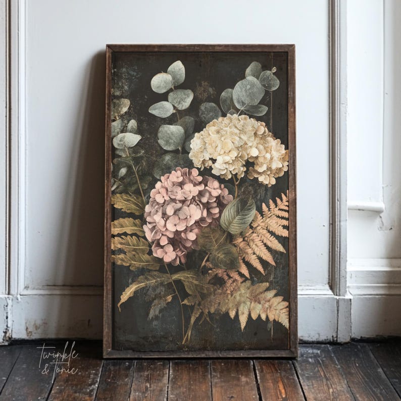 Vintage Hydrangeas Wall Art, Flower Dark Academia Home Decor, Moody ...