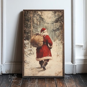 Vintage Santa Claus Wall Print, Winter Forest Art Print, Cozy Christmas Decor Rustic Holiday Decor Moody Christmas Print Printed and Shipped