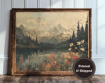 Vintage Wildflowers Print, Mountain Landscape Painting, Rustic Farmhouse Decor, Daisy Field Art, Muted Floral Poster, Printed and Shipped