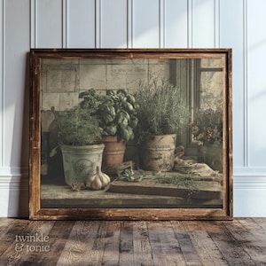 Kitchen Herbs Painting, Moody Farmhouse Poster, Antique Still Life Painting, Rustic Food Print, Dark Cottagecore Art, Printed and Shipped