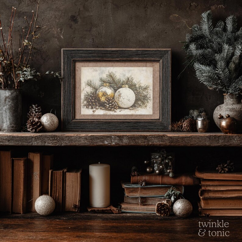 Op de afbeelding: Een ingelijste prent met twee kerstballen en dennennaalden. De prent staat op een rustiek houten plank met boeken, kaarsen en decoratieve elementen. Het thema is kerstdecoratie.