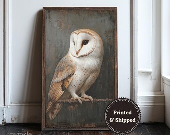 Decorazione murale vintage con gufo, arredamento per la casa Dark Academia, poster Moody Nature, stampa di uccelli gotici neutri, dipinto di animali selvatici, stampato e spedito