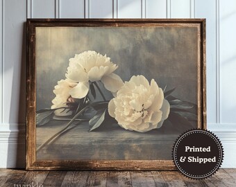 Vintage White Peony Art, Flower Dark Academia Decor, Moody Cottagecore Poster, Neutral Wall Print, Floral Painting, Printed and Shipped