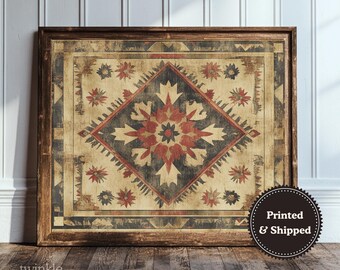 Vintage Southwestern Art, Rustic Lodge Poster, Boho Farmhouse Decor, Rustic Western Art, Antique Aztec Textile Painting, Printed and Shipped