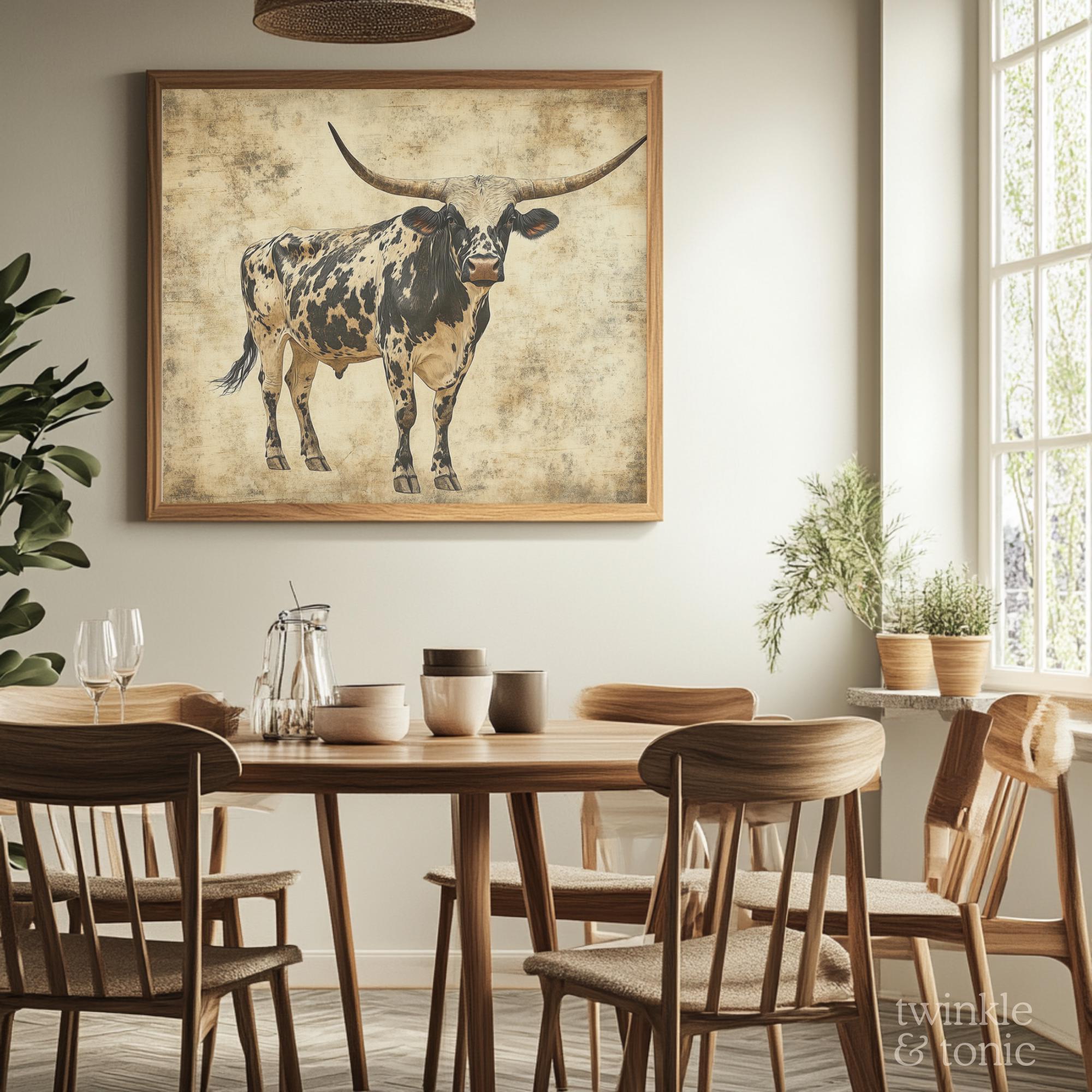 Rustic Bull Vintage Bull Art, Rustic Farmhouse Poster, Western Home Decor, Neutral ...