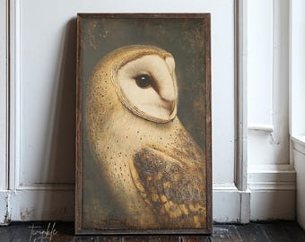 Decorazione murale vintage con gufo, arredamento per la casa Dark Academia, poster Moody Nature, stampa di uccelli gotici neutri, dipinto di animali selvatici, stampato e spedito