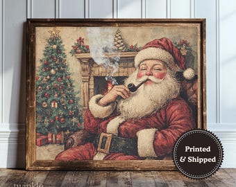Vintage kerstmanschilderij, rustieke vakantiemuurkunst, boerderijprint, kersthuisdecoratie, gezellige winterposter, gedrukt en verzonden
