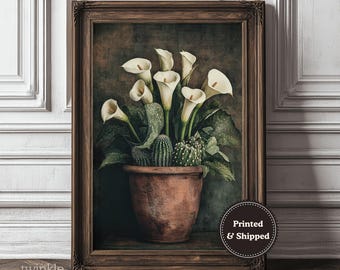 Vintage Calla Lily and Cactus Print, Mexican Home Decor, Dark Academia Print, Moody Floral Poster, Rustic Still Life Art Printed and Shipped