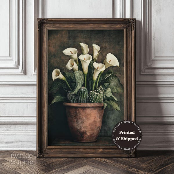 Lámina vintage de calas y cactus, decoración mexicana para el hogar, lámina estilo "dark academia", póster floral con ambiente melancólico, arte rústico de naturaleza muerta impreso y enviado.