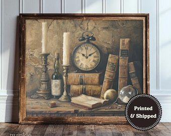 May include: A framed still life print featuring a vintage clock, books, candles, and a wine bottle. The artwork has a warm color palette with brown and beige tones. The print includes the text "twinkle & tonic" in the bottom left corner.