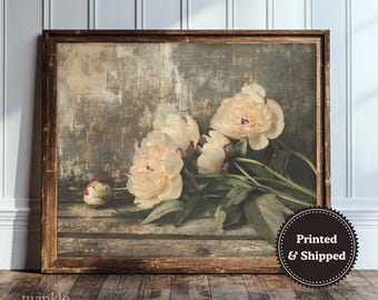 Vintage White Peony Art, Flower Dark Academia Decor, Moody Cottagecore Poster, Neutral Wall Print, Floral Painting, Printed and Shipped
