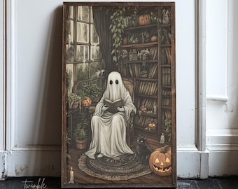 Póster de lectura de fantasmas, arte vintage de Halloween, arte mural gótico melancólico, arte para amantes de los libros, regalo para ratones de biblioteca, decoración espeluznante para el hogar, impreso y enviado