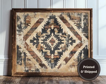 Vintage Southwestern Art, Rustic Lodge Poster, Boho Farmhouse Decor, Rustic Western Art, Antique Aztec Textile Painting, Printed and Shipped