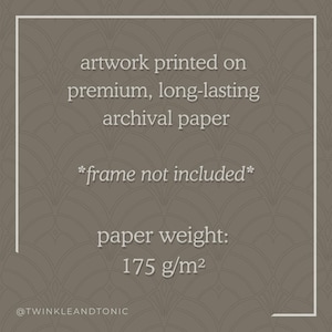 May include: Artwork printed on premium, long-lasting archival paper. The paper weight is 175 g/m&sup2;. The text on the image says "frame not included". The background is a patterned design.