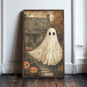 Cute Ghost Haunted Halloween Poster, Country Cottage Fall Decor, Spooky Autumn Painting, Vintage Moody Wall Art, Printed and Shipped