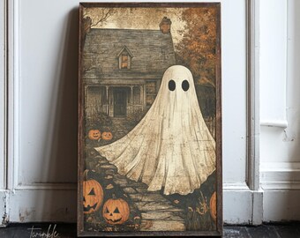 Póster de Halloween con fantasmas embrujados, decoración de otoño de una casa de campo, pintura otoñal espeluznante, arte de pared vintage con un toque de humor, impreso y enviado.