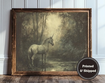 Vintage Unicorn Print, Dark Forest Decor, Moody Cottagecore Poster, Rustic Fantasy Art, Antique Mythical Painting, Printed and Shipped