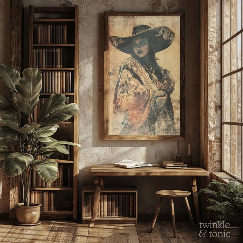 May include: A framed vintage portrait of a woman wearing a large hat and shawl hangs above a wooden desk. The room features a bookshelf, a potted plant, and a window with natural light. The overall aesthetic is rustic and warm.