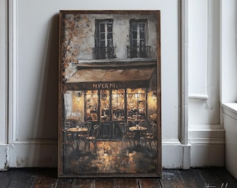 May include: An oil painting of a Parisian cafe with outdoor seating. The artwork depicts a cafe with a brown awning, tables, and chairs. The cafe's windows are lit, and the painting has a warm, inviting color palette.