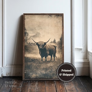 Vintage Highland Cow Poster, Rustic Nursery Art, Dark Academia Painting, Antique Farm Animal Decor, Moody Wall Print, Printed and Shipped