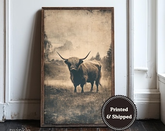 Vintage Highland Cow Poster, Rustic Nursery Art, Dark Academia Painting, Antique Farm Animal Decor, Moody Wall Print, Printed and Shipped