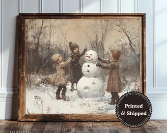 Vintage sneeuwpop schilderij, rustieke boerderij kunst aan de muur, humeurige vakantie print, antiek landschap, besneeuwde kerstposter, gedrukt en verzonden