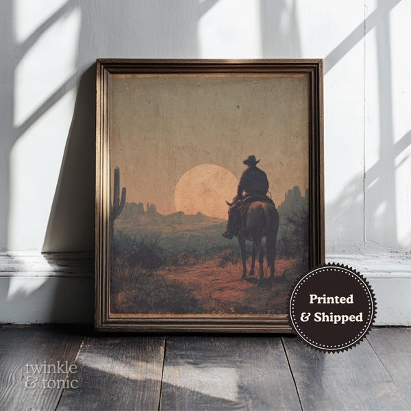 Vintage Cowboy Wall Art, Western Ranch Print, Antique Desert Painting, Muted Country Decor, Southwestern Poster, Printed and Shipped