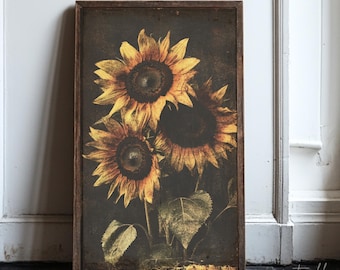 Art mural tournesols vintage, décoration d'intérieur florale sombre, affiche cottagecore de mauvaise humeur, impression esthétique florale rustique, imprimé et expédié