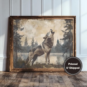Vintage Wolf Art, Dark Academia Home Decor, Moody Cabin Poster, Rustic Farmhouse Wall Print, Woodland Painting, Printed and Shipped