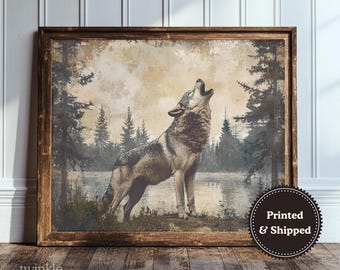Art vintage de loup, décoration d'intérieur Dark Academia, affiche de cabane de mauvaise humeur, impression murale de ferme rustique, peinture bois, imprimé et expédié