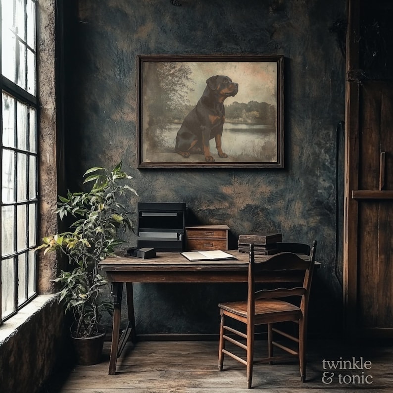 May include: A vintage-style interior scene featuring a framed dog portrait above a wooden desk. The room has a rustic aesthetic with a large window, a potted plant, and a wooden chair. The wall is painted in dark, textured tones.
