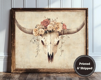 Vintage Bull Skull Wall Art, Boho Farmhouse Home Decor, Western Botanical Poster, Rustic Floral Print, Muted Painting, Printed and Shipped