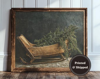 Kerstslee schilderij, rustieke boerderij kunst aan de muur, humeurige vakantie print, antiek neutraal decor, vintage gezellige poster, gedrukt en verzonden