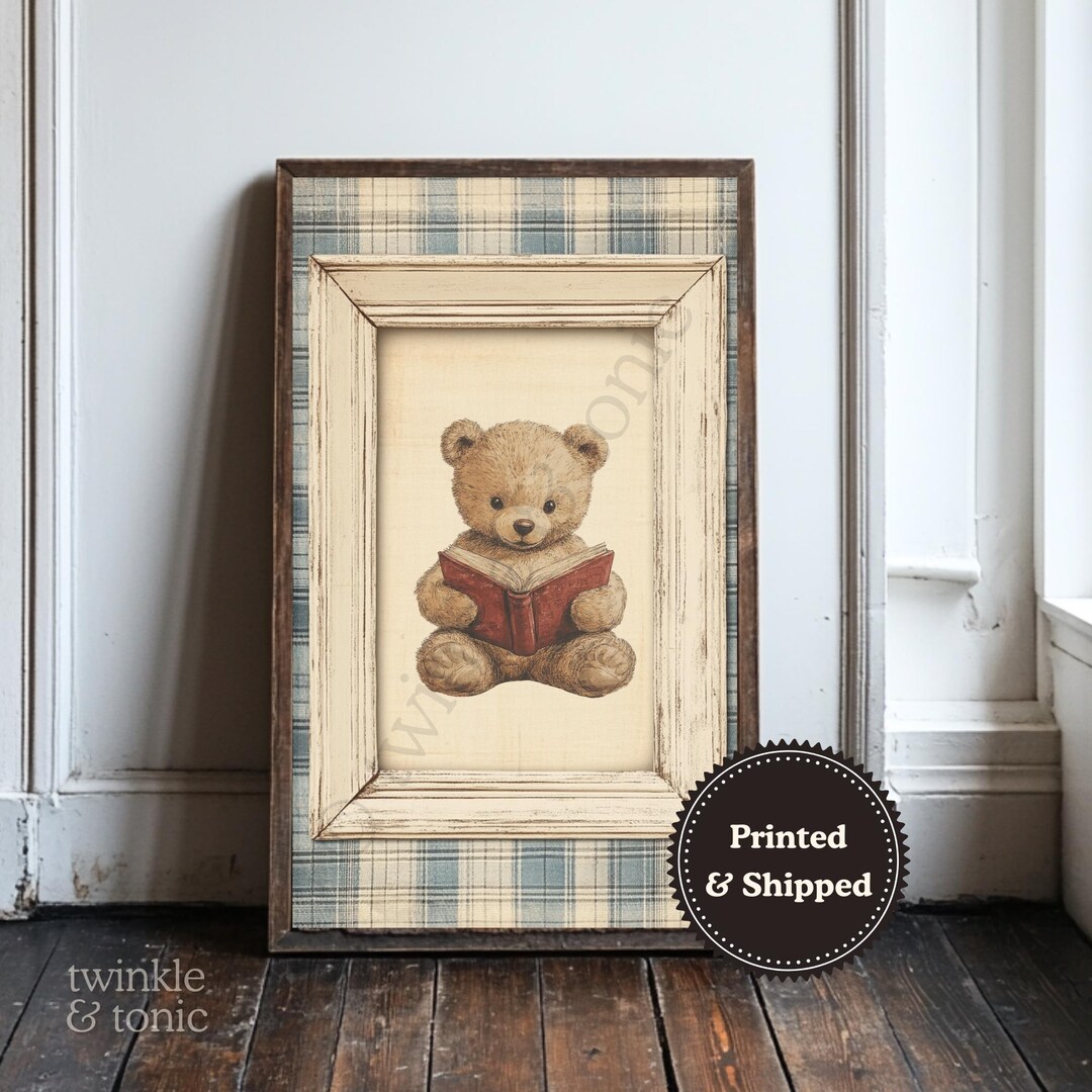 Vintage Teddy Bear Print, Plaid Boy Nursery Decor, Rustic Baby Room ...