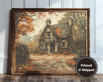Vintage Cottage Painting, Autumn Countryside Wall Art, Dark Academia Print, Antique Fall Decor, Moody Farmhouse Poster, Printed and Shipped