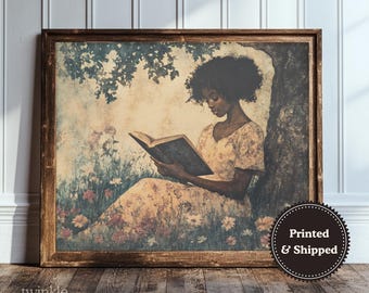 Vintage Book Lover Print, Rustic Library Decor, Light Academia Painting, African American Poster, Woman Reading Art, Printed and Shipped