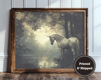 Vintage Unicorn Print, Dark Forest Decor, Moody Cottagecore Poster, Rustic Fantasy Art, Antique Mythical Painting, Printed and Shipped