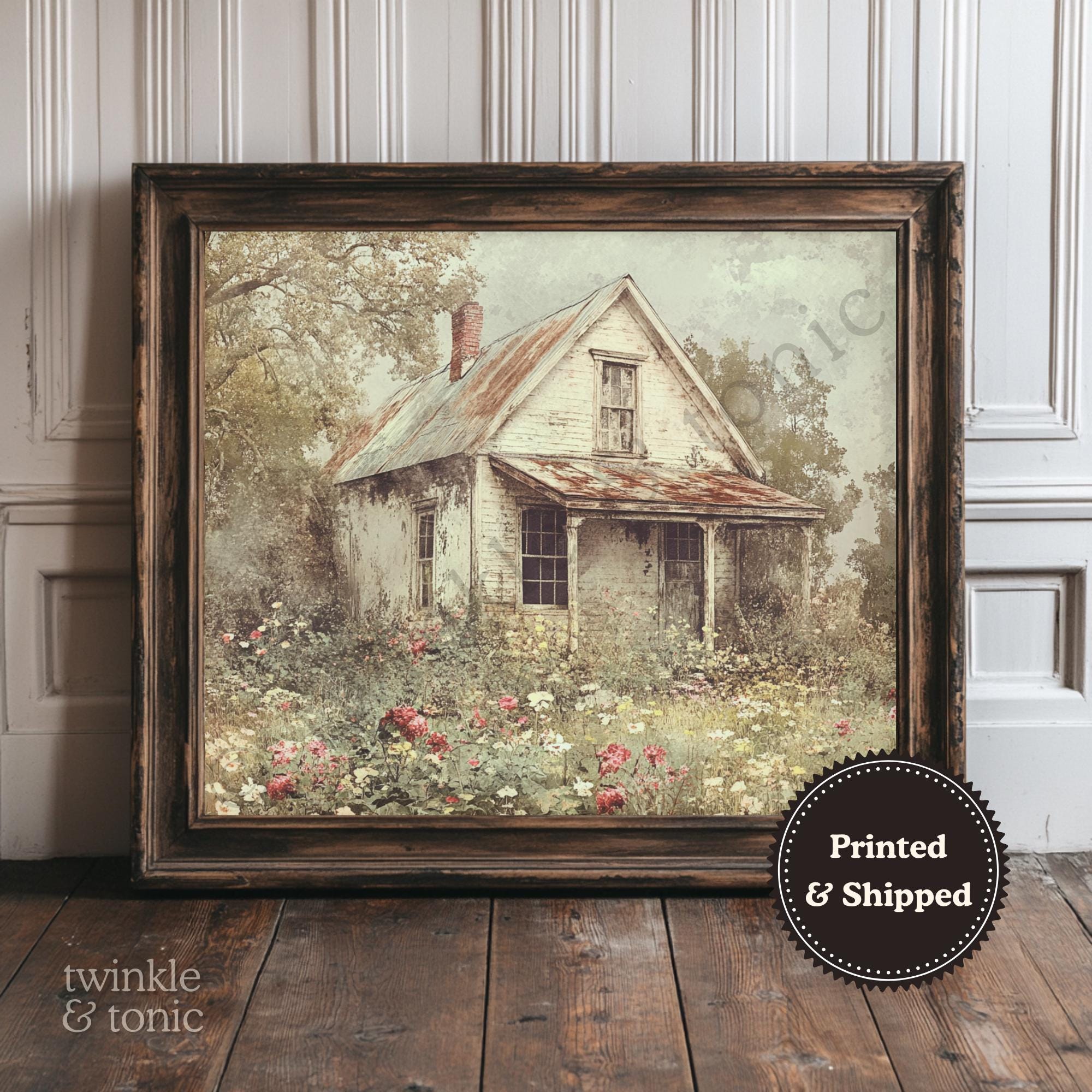 Vintage Cottage Painting, Farmhouse Wall Art, Floral Landscape Print ...